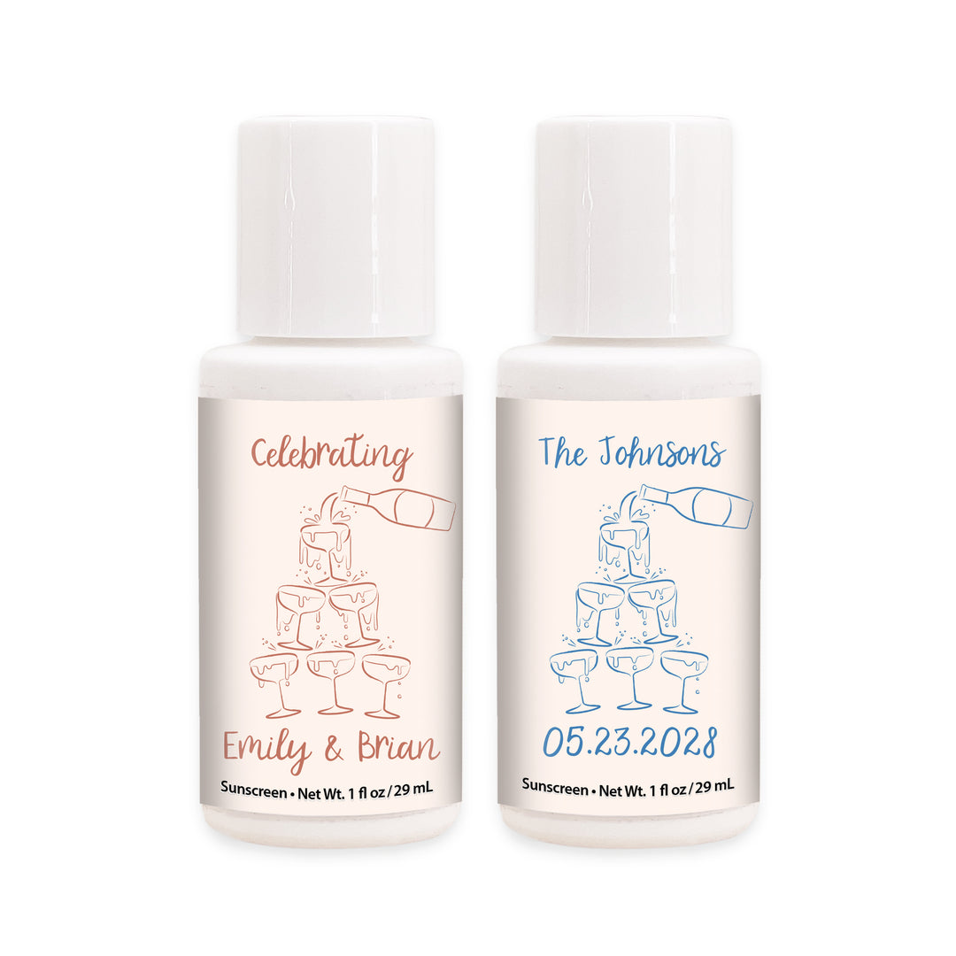 Mini Sunscreen Wedding Favor, Hand Drawn Champagne Tower Sketch