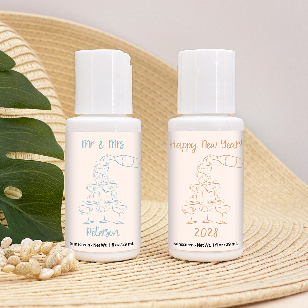 Mini Sunscreen Wedding Favor, Hand Drawn Champagne Tower Sketch
