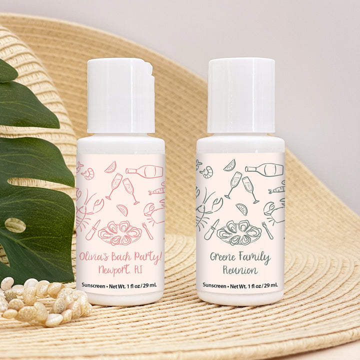 Mini Sunscreen Wedding Favor, Coastal Party Favor, Oyster Roast, Hand Drawn Seafood Pattern Sketch