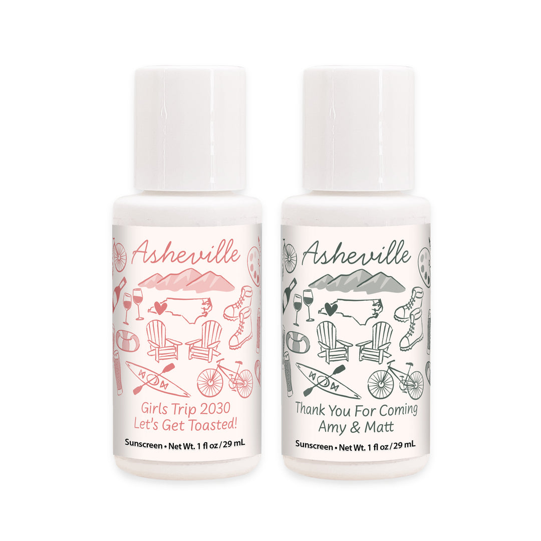 Mini Sunscreen Favors, Girls Trip, Hand Drawn Asheville Bachelorette Sunscreen