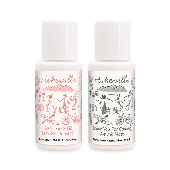 Mini Sunscreen Favors, Girls Trip, Hand Drawn Asheville Bachelorette Sunscreen
