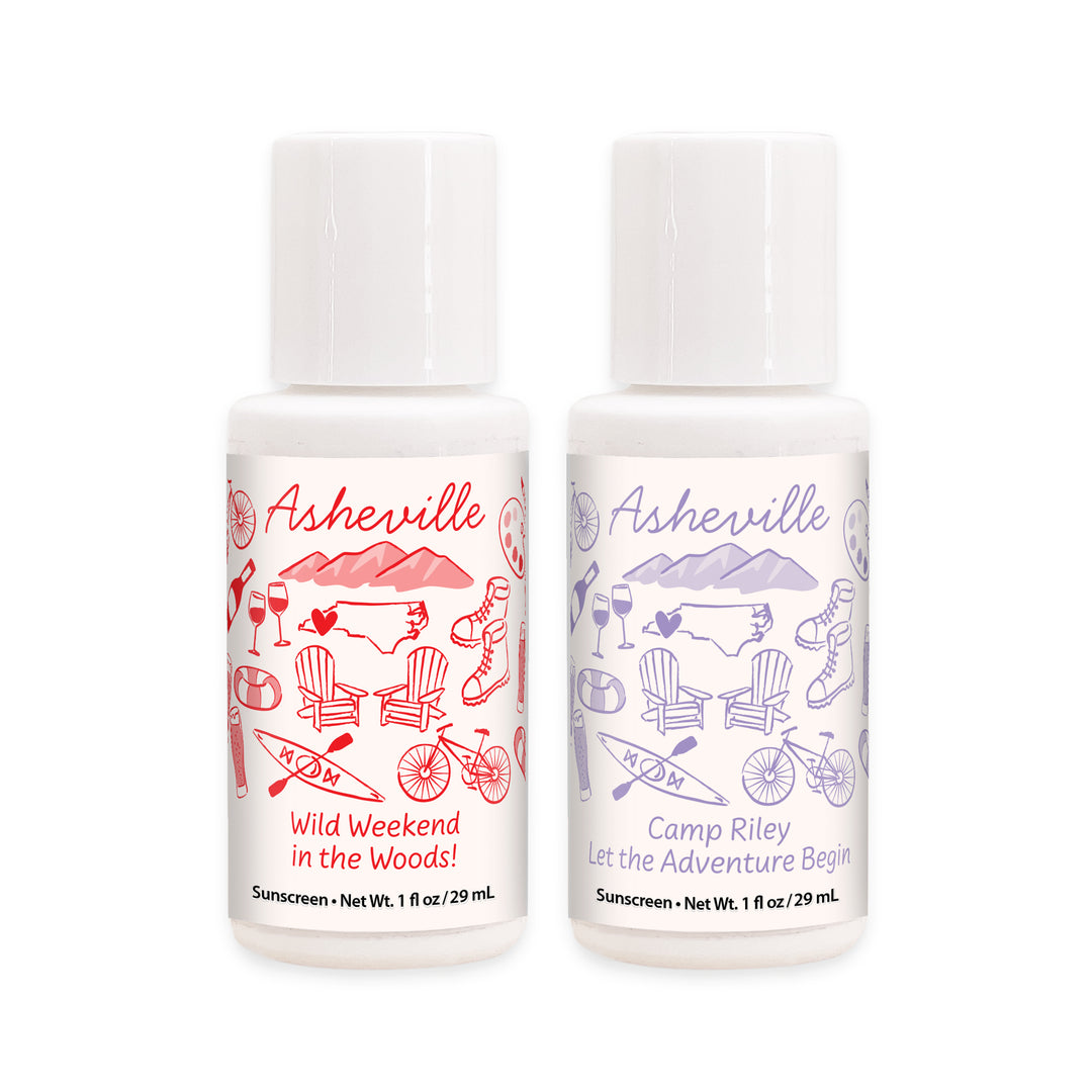 Mini Sunscreen Favors, Girls Trip, Hand Drawn Asheville Bachelorette Sunscreen
