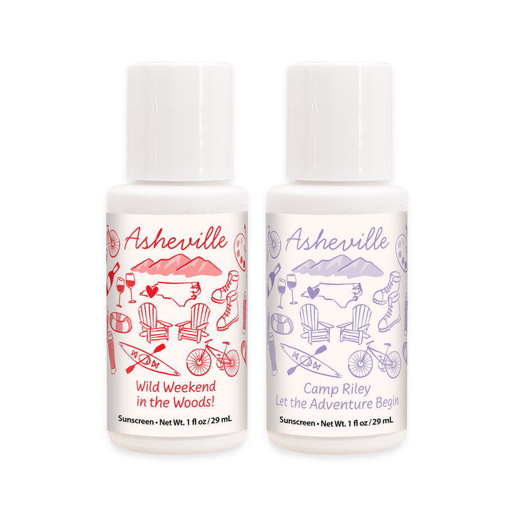 Mini Sunscreen Favors, Girls Trip, Hand Drawn Asheville Bachelorette Sunscreen