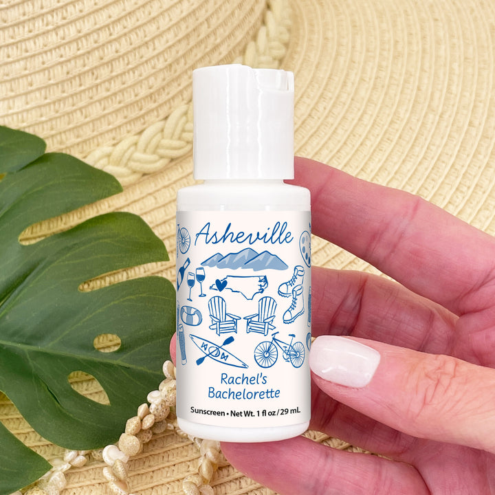 Mini Sunscreen Favors, Girls Trip, Hand Drawn Asheville Bachelorette Sunscreen