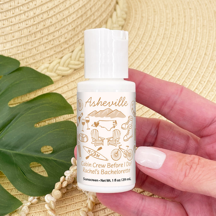 Mini Sunscreen Favors, Girls Trip, Hand Drawn Asheville Bachelorette Sunscreen