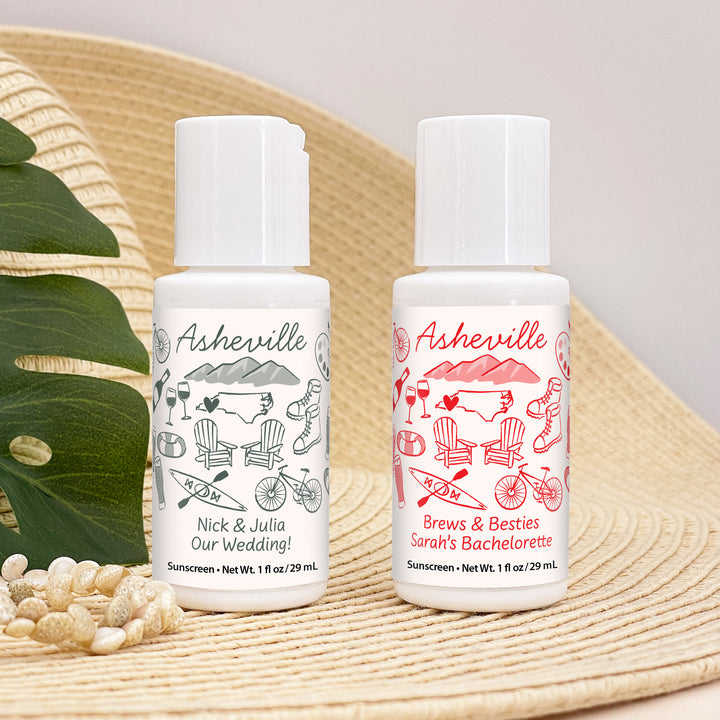 Mini Sunscreen Favors, Girls Trip, Hand Drawn Asheville Bachelorette Sunscreen