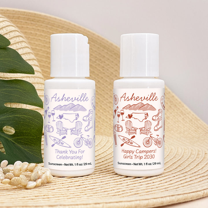 Mini Sunscreen Favors, Girls Trip, Hand Drawn Asheville Bachelorette Sunscreen