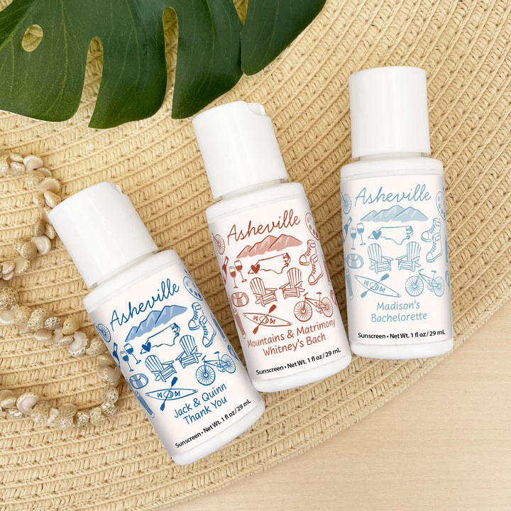 Mini Sunscreen Favors, Girls Trip, Hand Drawn Asheville Bachelorette Sunscreen