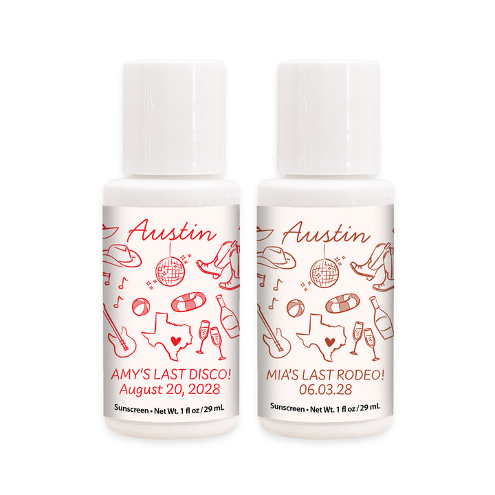 Mini Sunscreen Favors, Girls Trip, Hand Drawn Austin Bachelorette Sunscreen