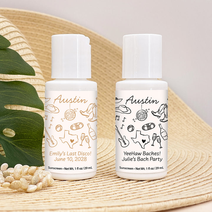 Mini Sunscreen Favors, Girls Trip, Hand Drawn Austin Bachelorette Sunscreen