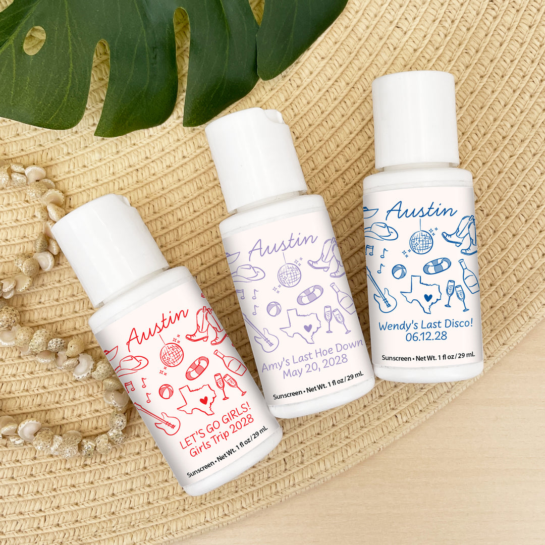Mini Sunscreen Favors, Girls Trip, Hand Drawn Austin Bachelorette Sunscreen