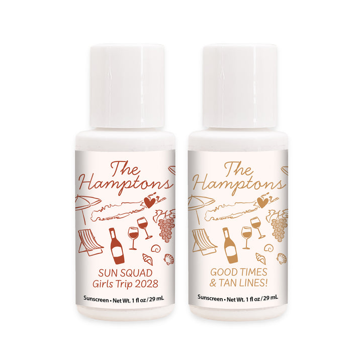Mini Sunscreen Favors, Girls Trip, Hand Drawn Hamptons Bachelorette Sunscreen