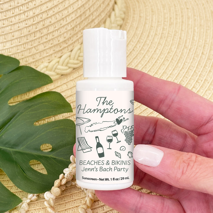 Mini Sunscreen Favors, Girls Trip, Hand Drawn Hamptons Bachelorette Sunscreen