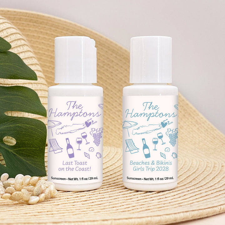 Mini Sunscreen Favors, Girls Trip, Hand Drawn Hamptons Bachelorette Sunscreen
