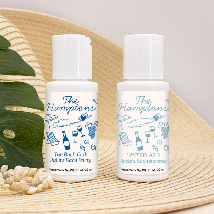 Mini Sunscreen Favors, Girls Trip, Hand Drawn Hamptons Bachelorette Sunscreen