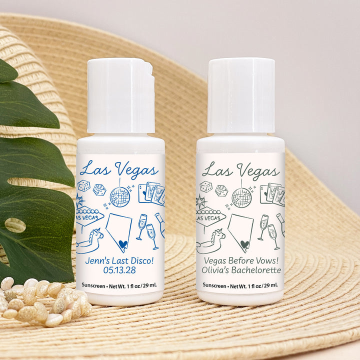 Mini Sunscreen Favors, Girls Trip, Hand Drawn Las Vegas Bachelorette Sunscreen