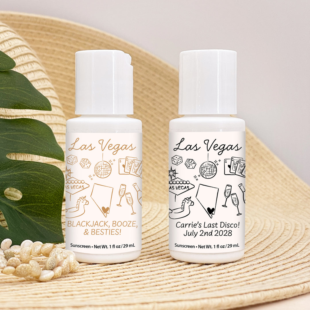 Mini Sunscreen Favors, Girls Trip, Hand Drawn Las Vegas Bachelorette Sunscreen