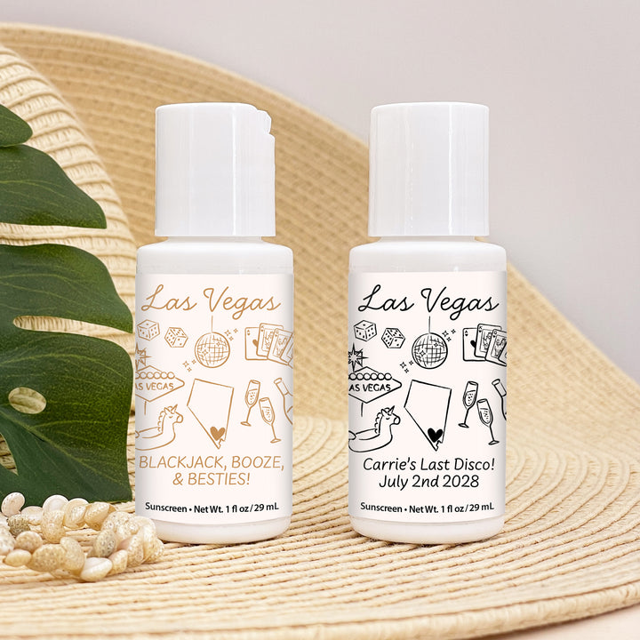Mini Sunscreen Favors, Girls Trip, Hand Drawn Las Vegas Bachelorette Sunscreen