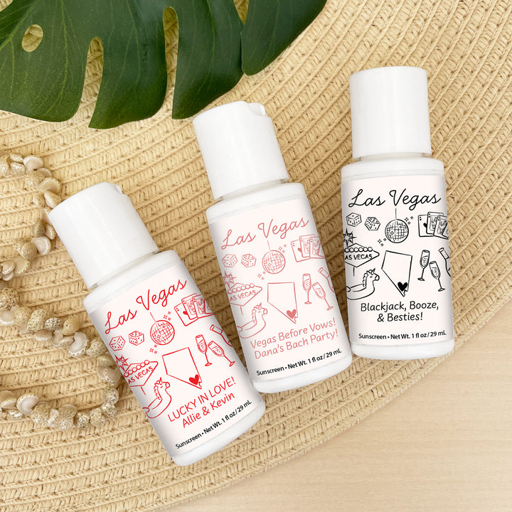 Mini Sunscreen Favors, Girls Trip, Hand Drawn Las Vegas Bachelorette Sunscreen