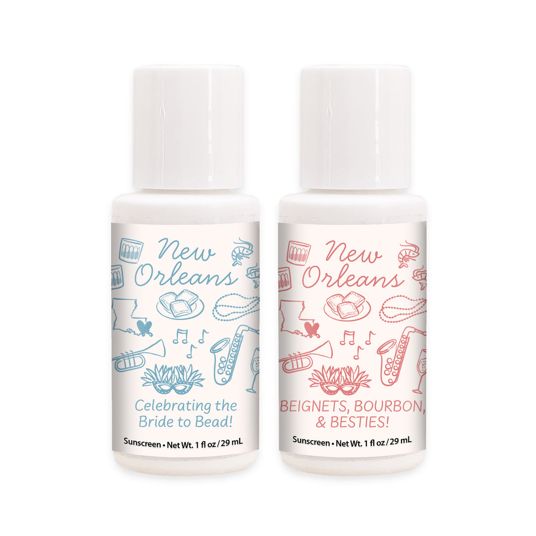 Mini Sunscreen Favors, Girls Trip, Hand Drawn New Orleans Bachelorette Sunscreen