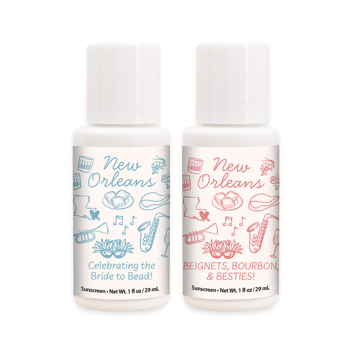 Mini Sunscreen Favors, Girls Trip, Hand Drawn New Orleans Bachelorette Sunscreen