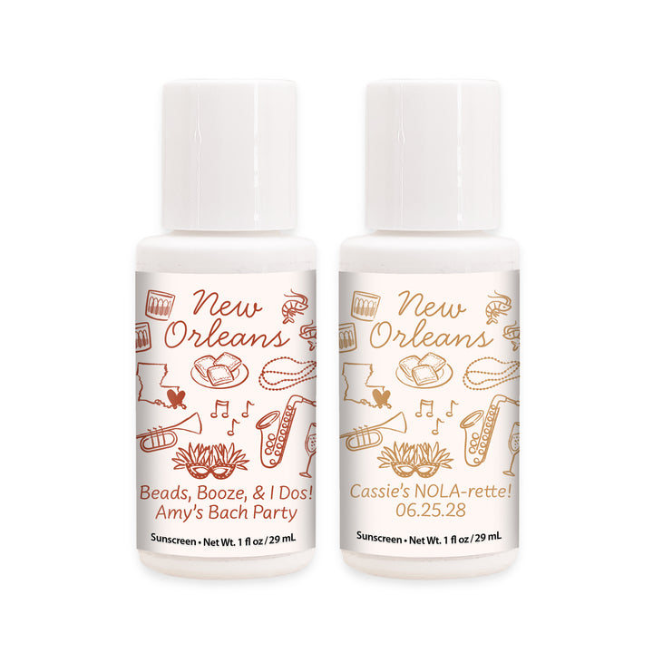 Mini Sunscreen Favors, Girls Trip, Hand Drawn New Orleans Bachelorette Sunscreen