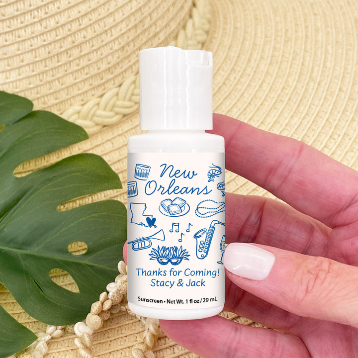 Mini Sunscreen Favors, Girls Trip, Hand Drawn New Orleans Bachelorette Sunscreen