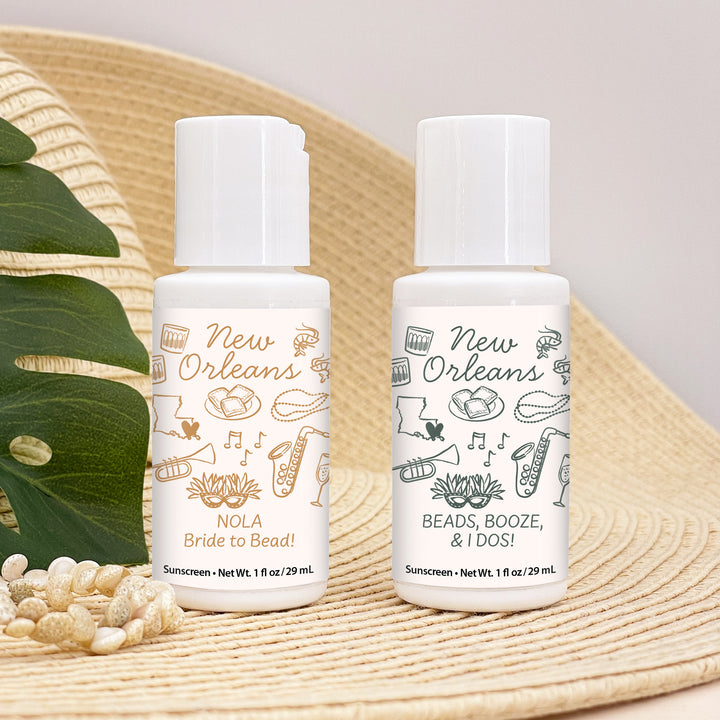 Mini Sunscreen Favors, Girls Trip, Hand Drawn New Orleans Bachelorette Sunscreen