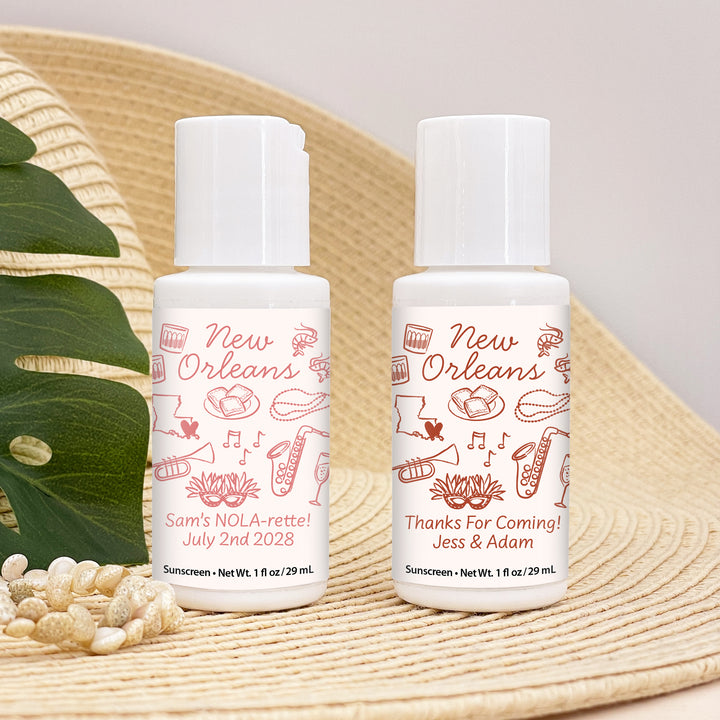 Mini Sunscreen Favors, Girls Trip, Hand Drawn New Orleans Bachelorette Sunscreen