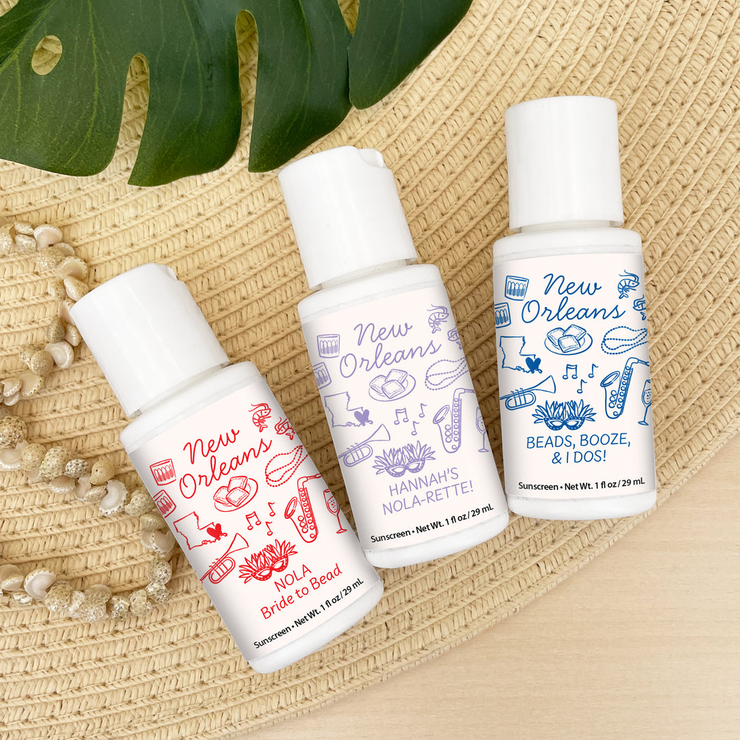 Mini Sunscreen Favors, Girls Trip, Hand Drawn New Orleans Bachelorette Sunscreen