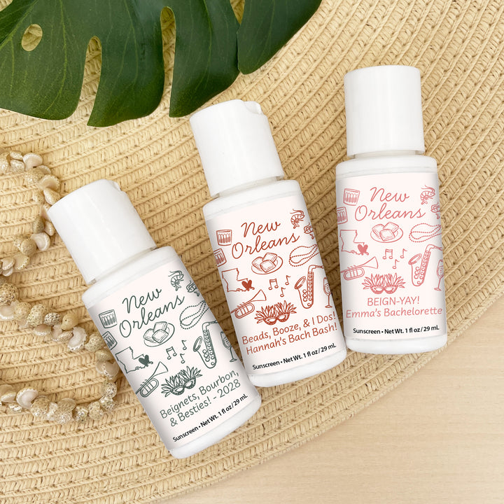 Mini Sunscreen Favors, Girls Trip, Hand Drawn New Orleans Bachelorette Sunscreen