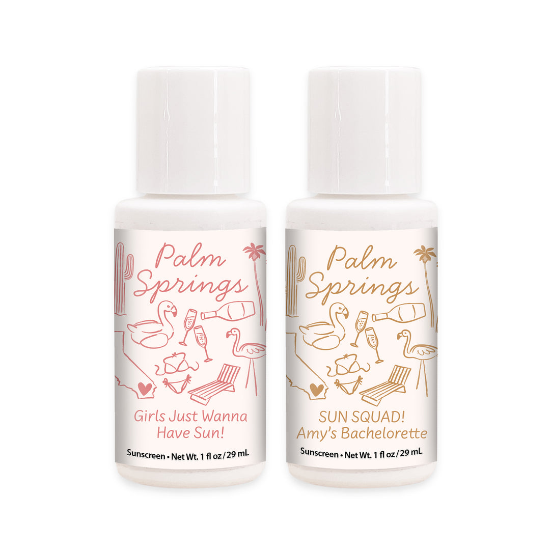 Mini Sunscreen Favors, Girls Trip, Hand Drawn Palm Springs Bachelorette Sunscreen