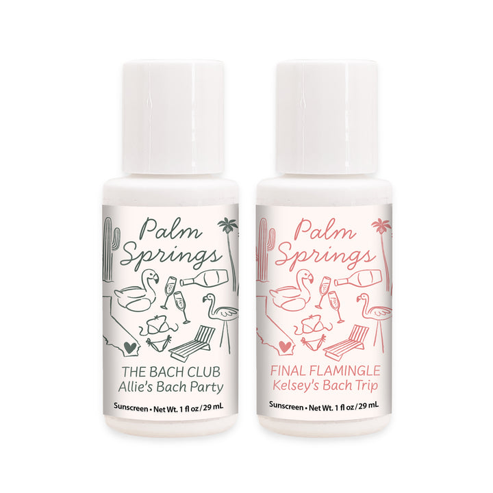 Mini Sunscreen Favors, Girls Trip, Hand Drawn Palm Springs Bachelorette Sunscreen