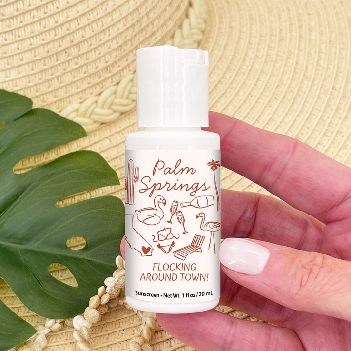 Mini Sunscreen Favors, Girls Trip, Hand Drawn Palm Springs Bachelorette Sunscreen