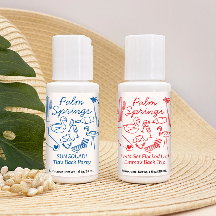 Mini Sunscreen Favors, Girls Trip, Hand Drawn Palm Springs Bachelorette Sunscreen