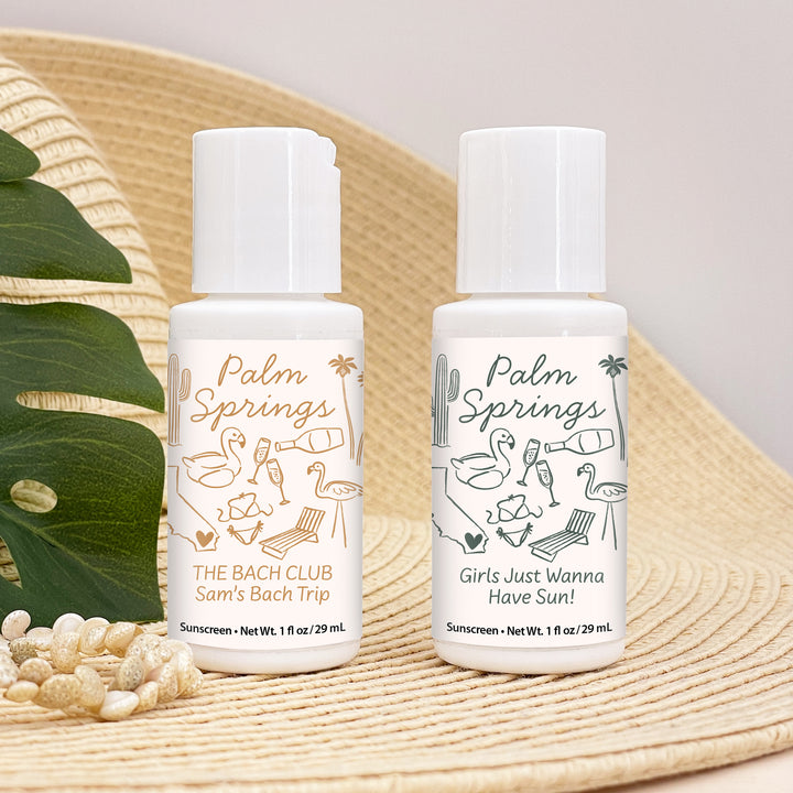 Mini Sunscreen Favors, Girls Trip, Hand Drawn Palm Springs Bachelorette Sunscreen