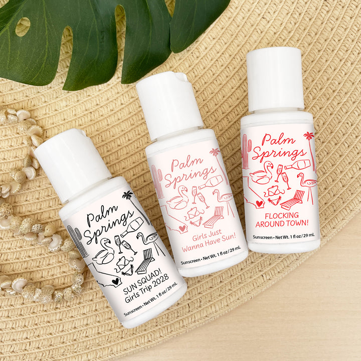 Mini Sunscreen Favors, Girls Trip, Hand Drawn Palm Springs Bachelorette Sunscreen