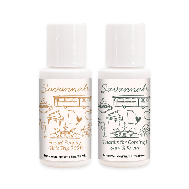 Mini Sunscreen Favors, Girls Trip, Hand Drawn Savannah Bachelorette Sunscreen