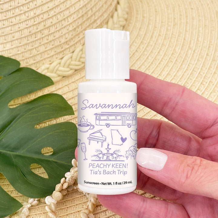 Mini Sunscreen Favors, Girls Trip, Hand Drawn Savannah Bachelorette Sunscreen