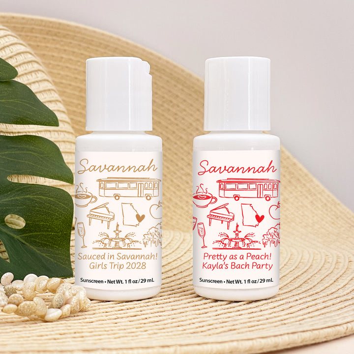 Mini Sunscreen Favors, Girls Trip, Hand Drawn Savannah Bachelorette Sunscreen