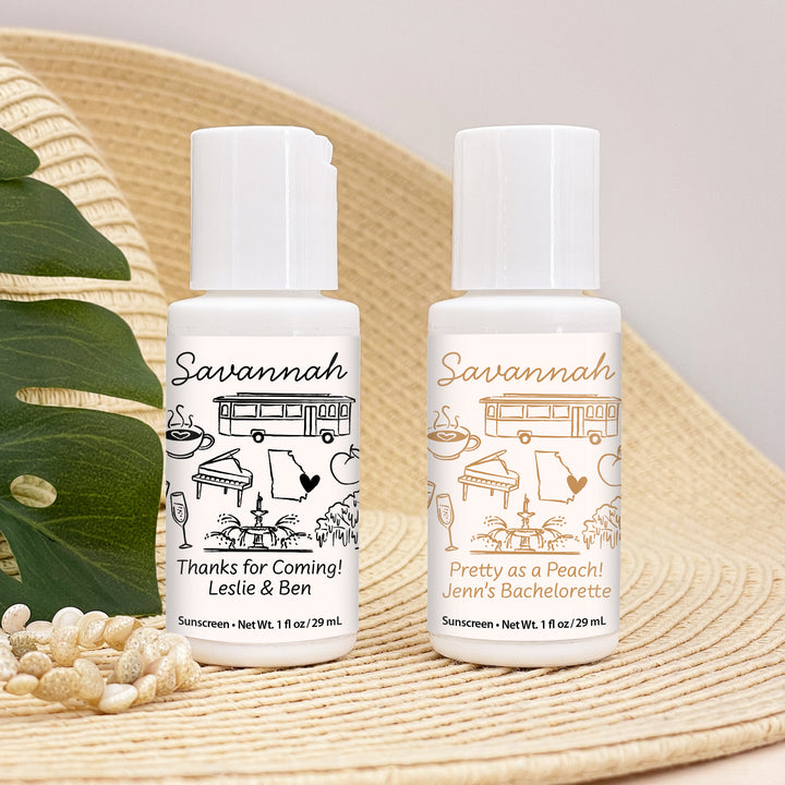 Mini Sunscreen Favors, Girls Trip, Hand Drawn Savannah Bachelorette Sunscreen