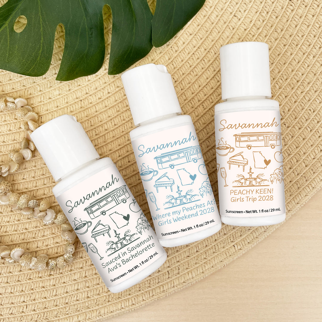 Mini Sunscreen Favors, Girls Trip, Hand Drawn Savannah Bachelorette Sunscreen
