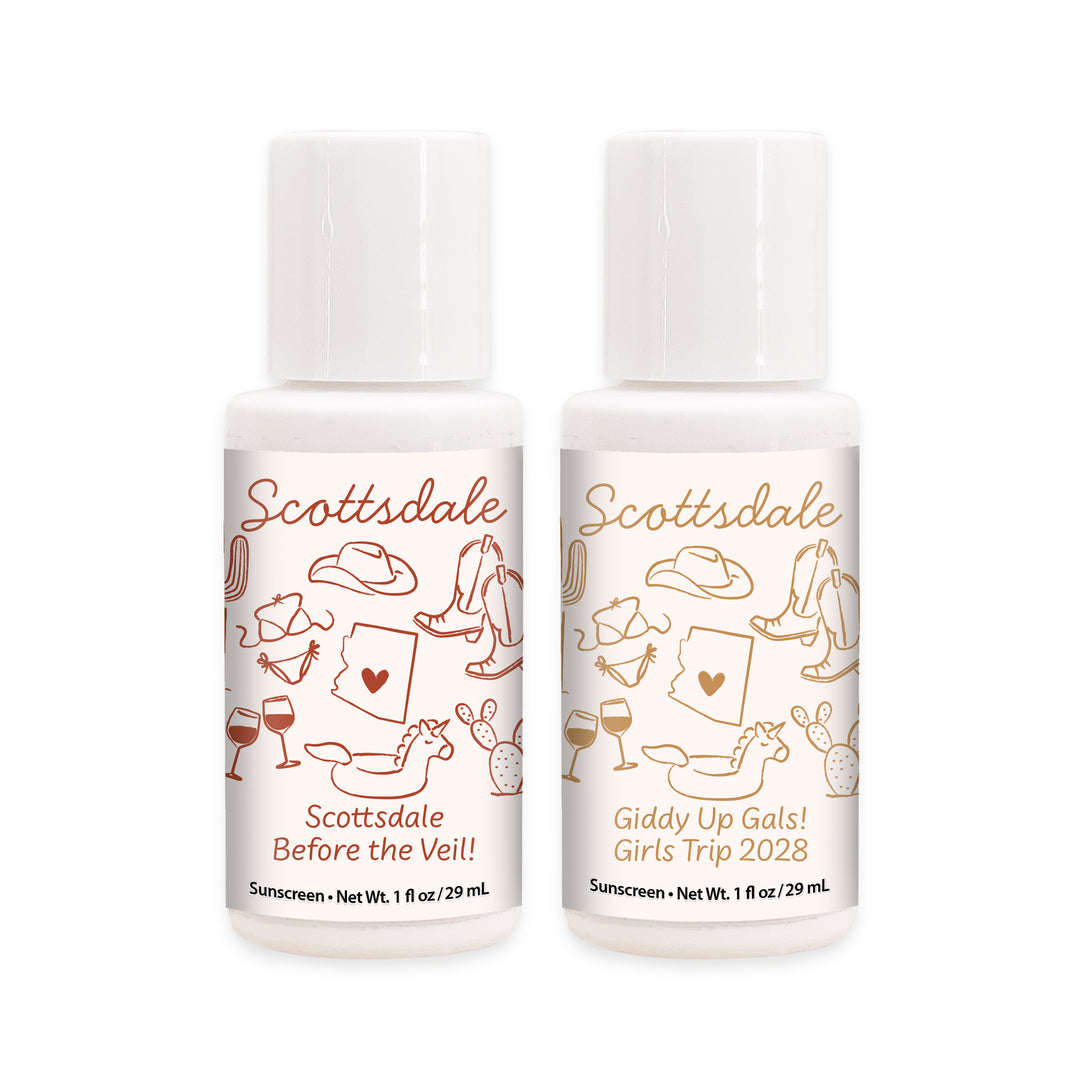 Mini Sunscreen Favors, Girls Trip, Hand Drawn Scottsdale Bachelorette Sunscreen