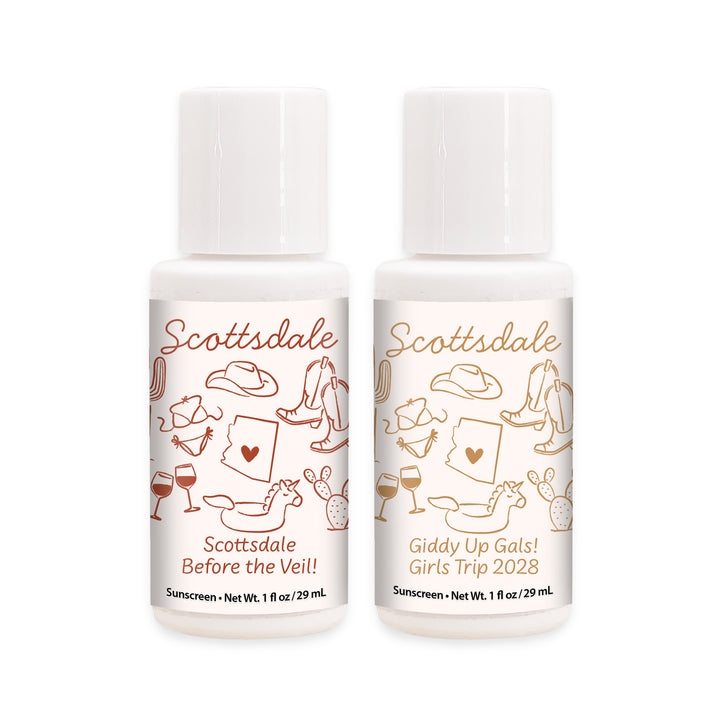 Mini Sunscreen Favors, Girls Trip, Hand Drawn Scottsdale Bachelorette Sunscreen
