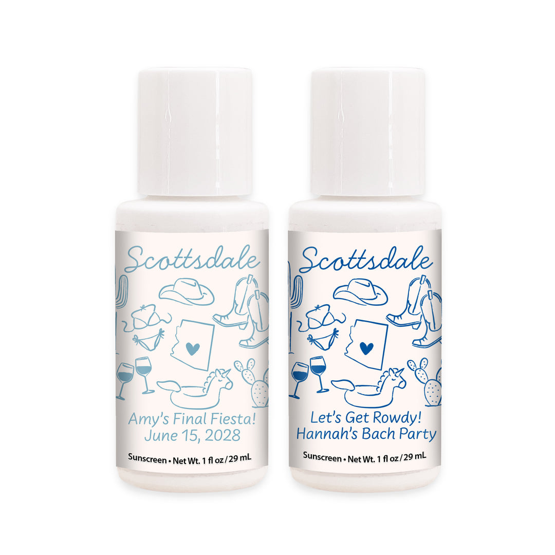 Mini Sunscreen Favors, Girls Trip, Hand Drawn Scottsdale Bachelorette Sunscreen