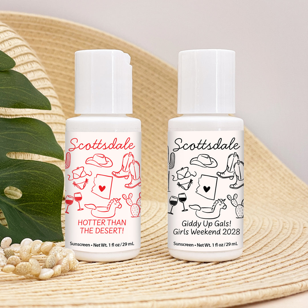 Mini Sunscreen Favors, Girls Trip, Hand Drawn Scottsdale Bachelorette Sunscreen