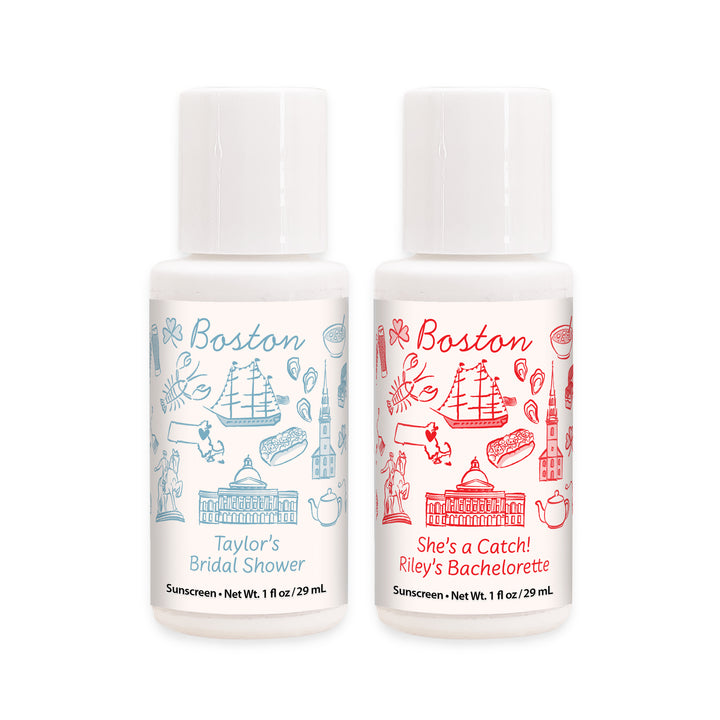 Mini Sunscreen Favors, Girls Trip, Hand Drawn Boston Bachelorette Sunscreen