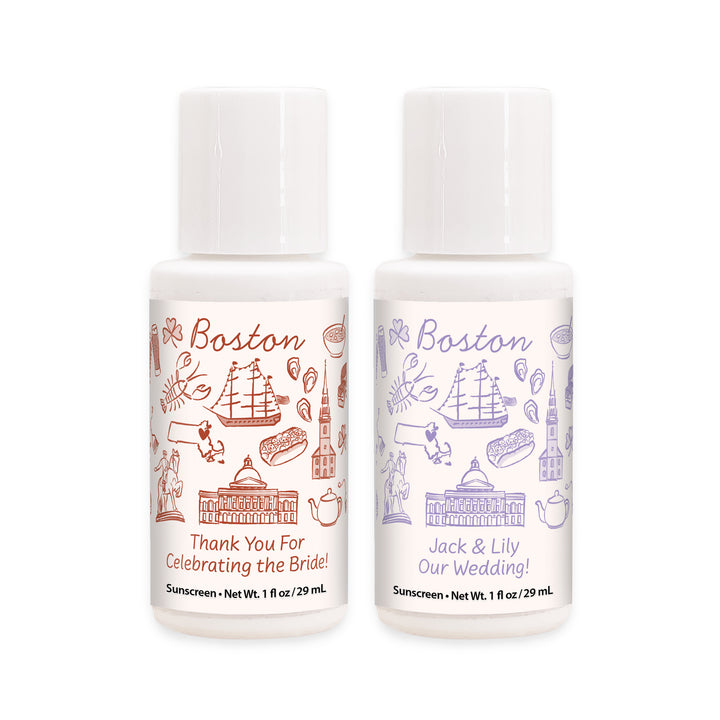 Mini Sunscreen Favors, Girls Trip, Hand Drawn Boston Bachelorette Sunscreen