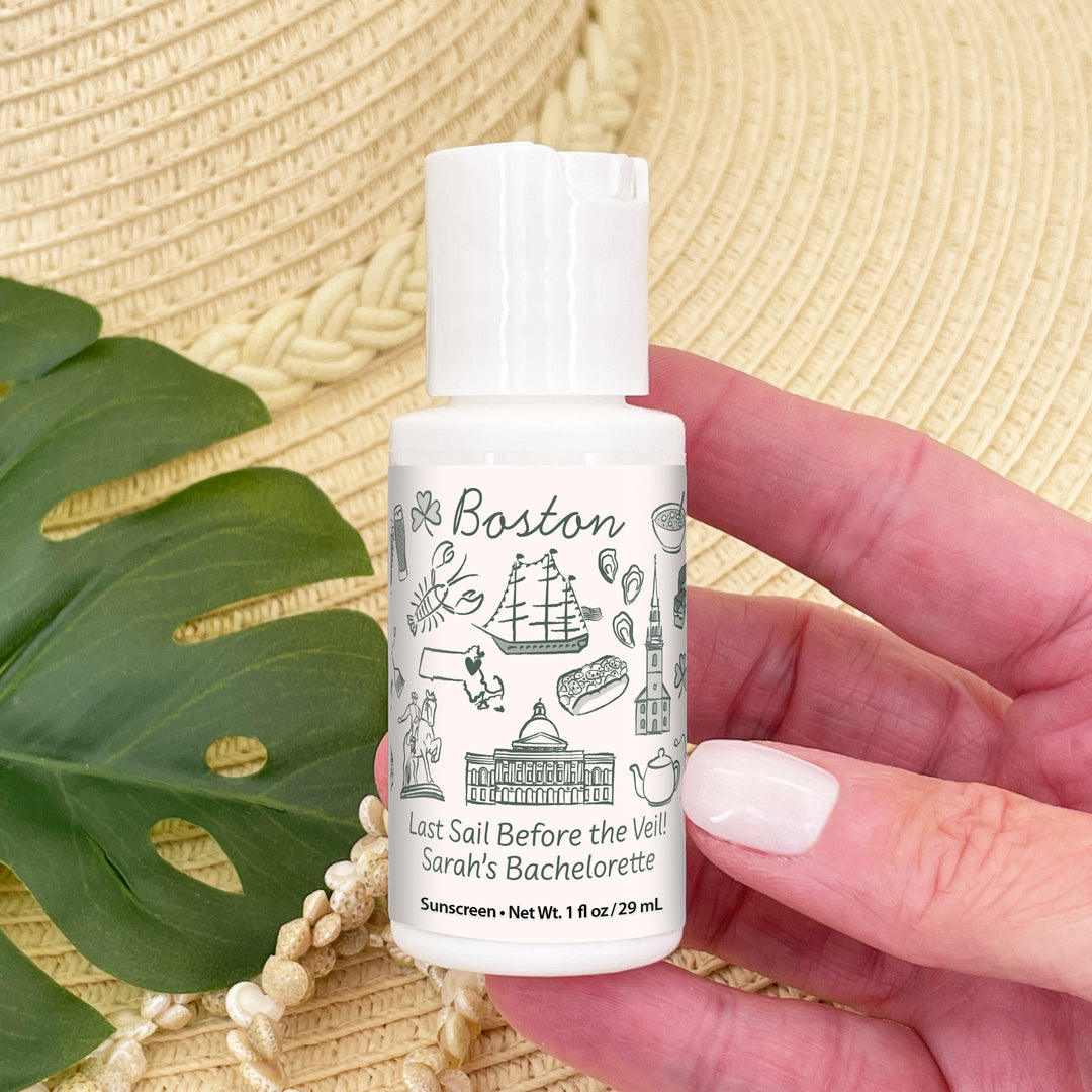 Mini Sunscreen Favors, Girls Trip, Hand Drawn Boston Bachelorette Sunscreen