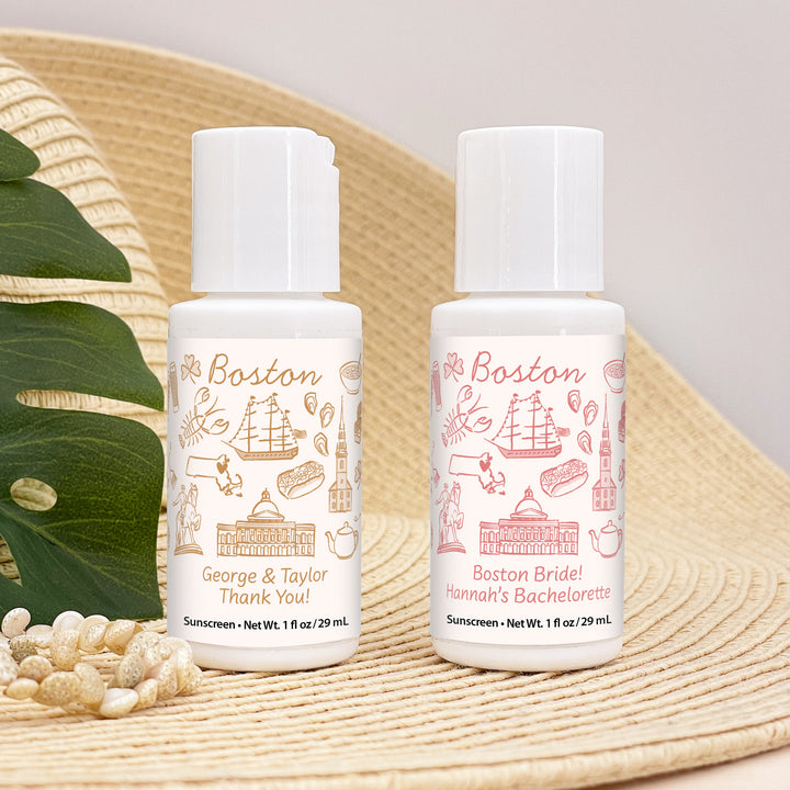 Mini Sunscreen Favors, Girls Trip, Hand Drawn Boston Bachelorette Sunscreen